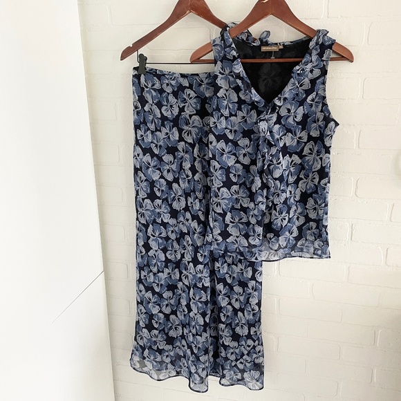 Vintage 90s Y2K Matching Set (2) Maxi Skirt Blouse Chiffon Pansies Blue Sz S - Picture 1 of 13
